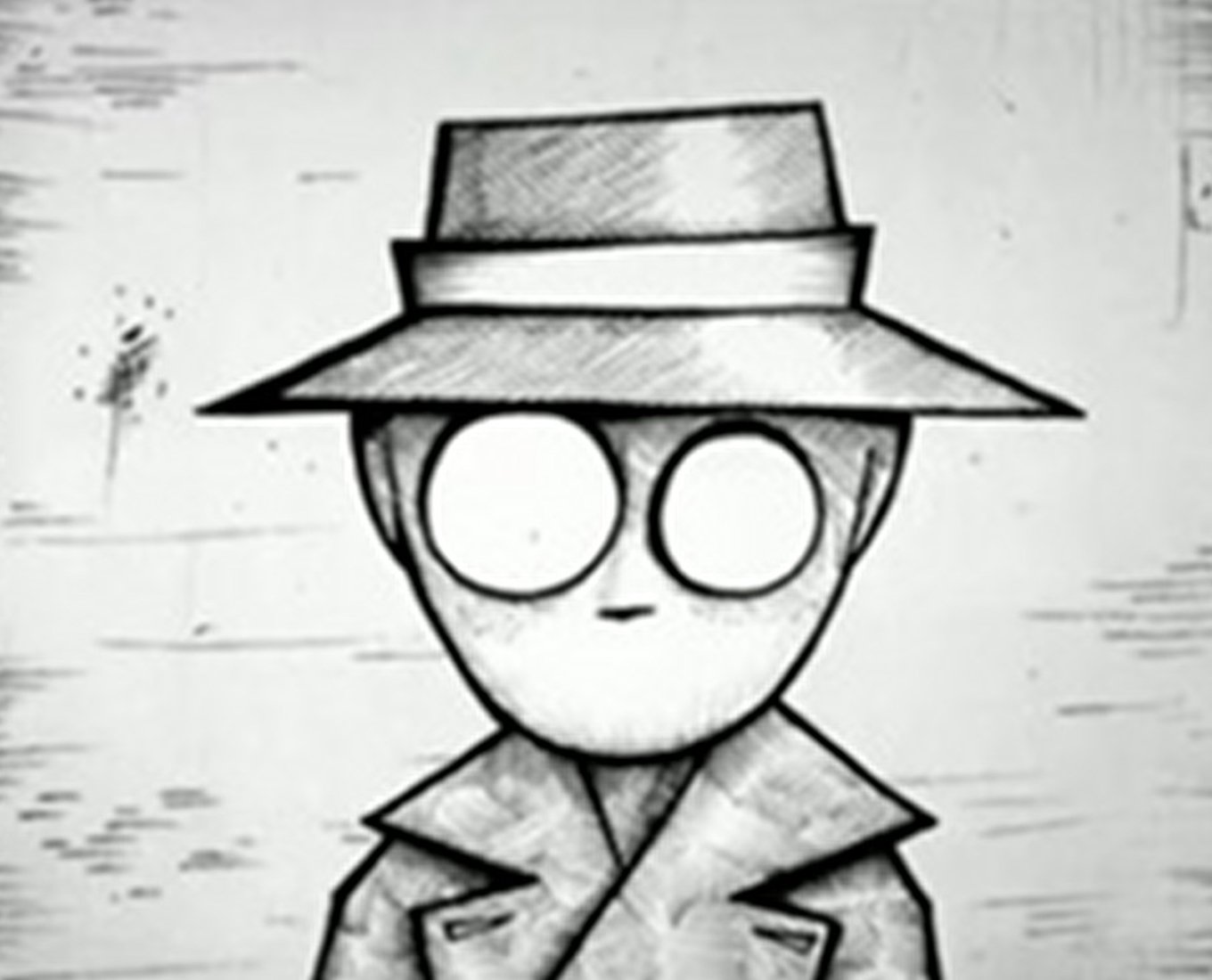 A cartoon drawing of a man wearing a trench coat and hat.