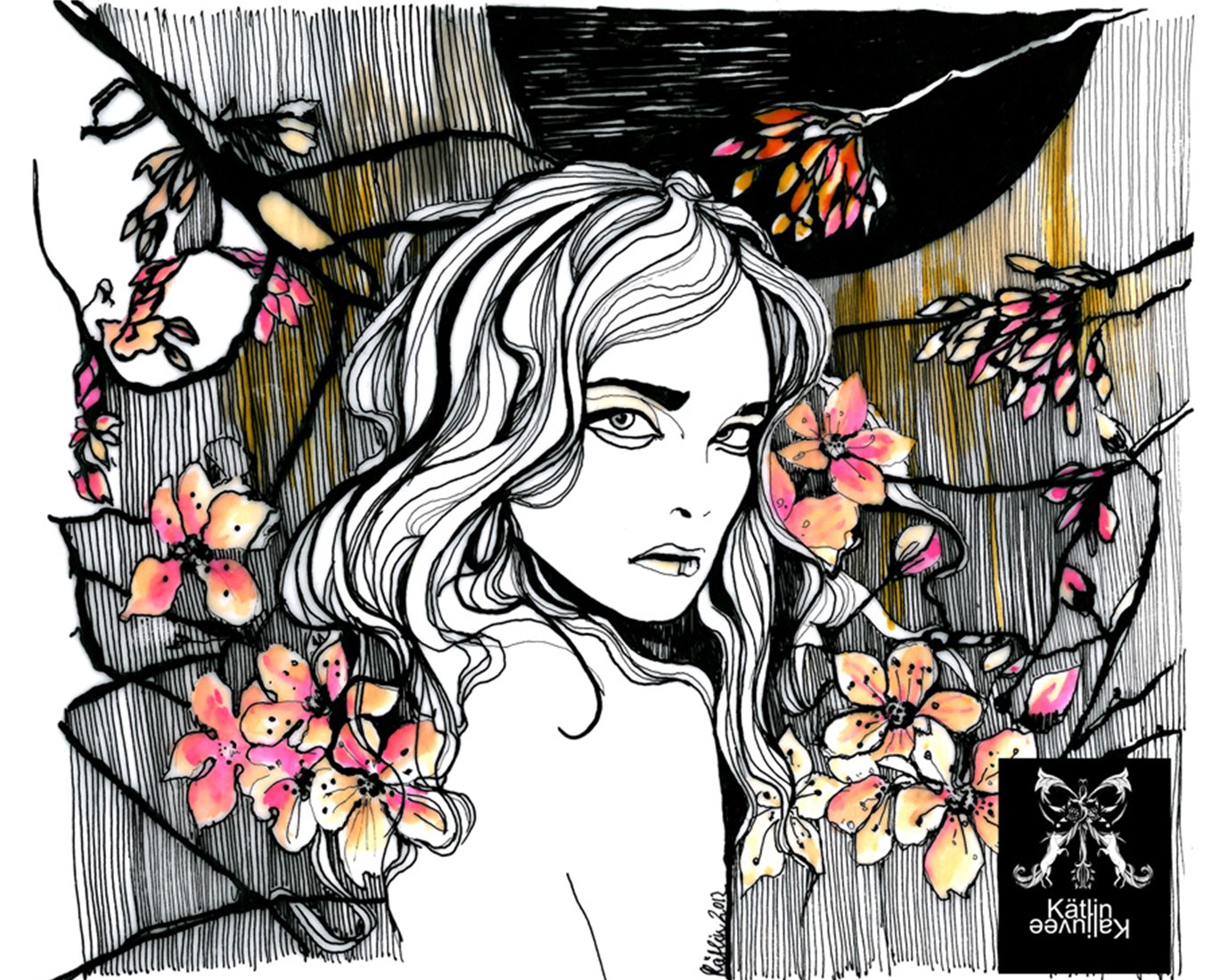 Drawing of a woman surrounded by flowers.