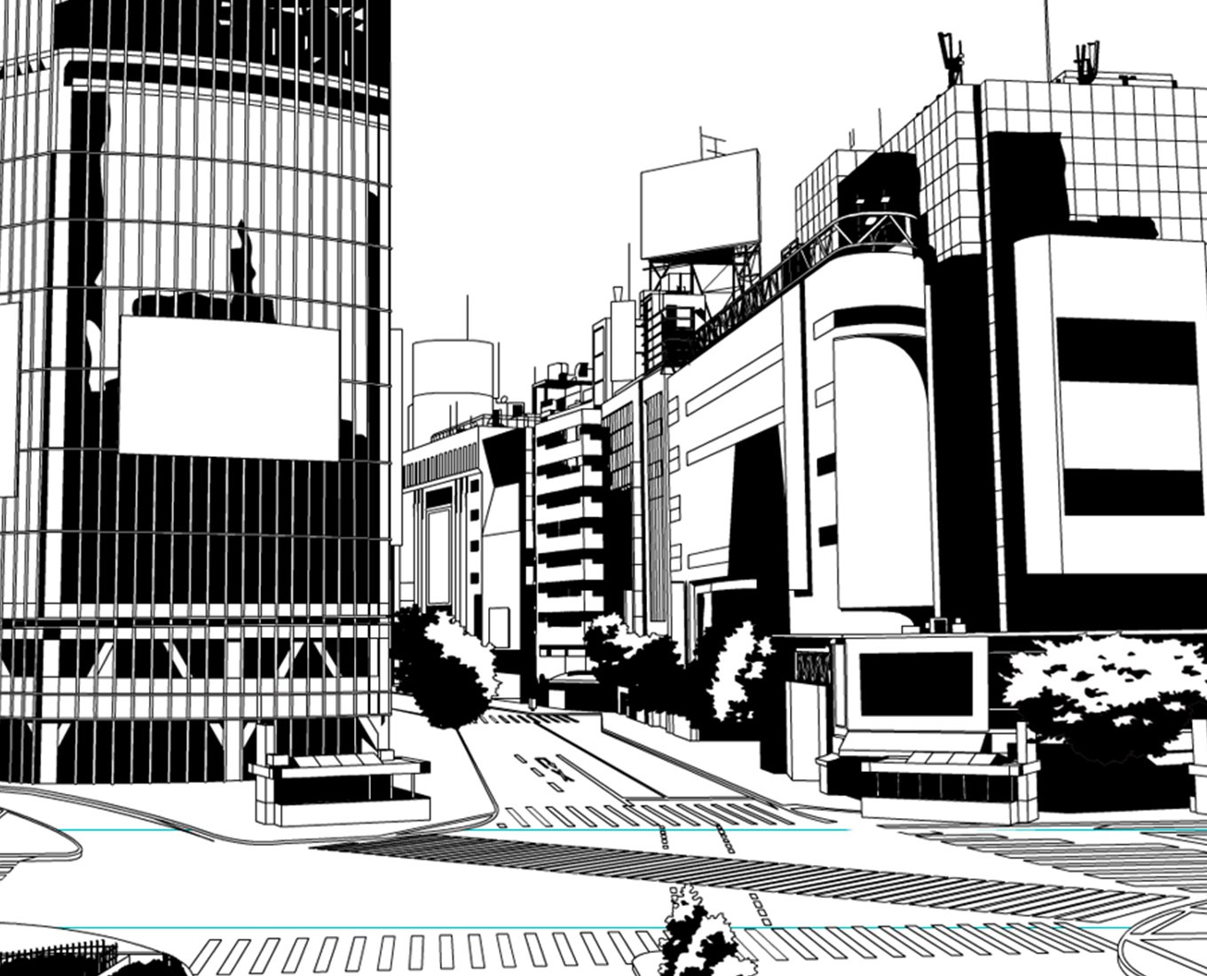 A sketch of a metropolitan street and buildings without people.