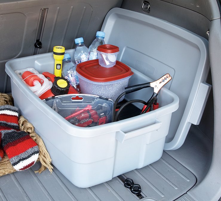 image of rubbermaid storage containers in trunk of van