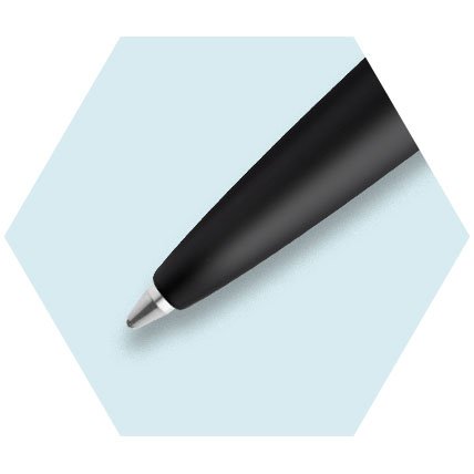 Closeup of an Embleme ballpoint pen tip within a hexagon.