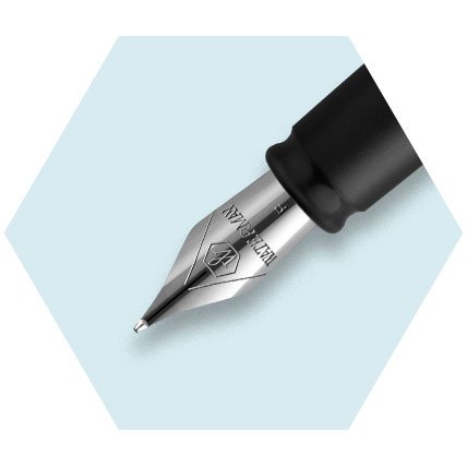 Closeup of an Embleme fountain pen nib within a hexagon.