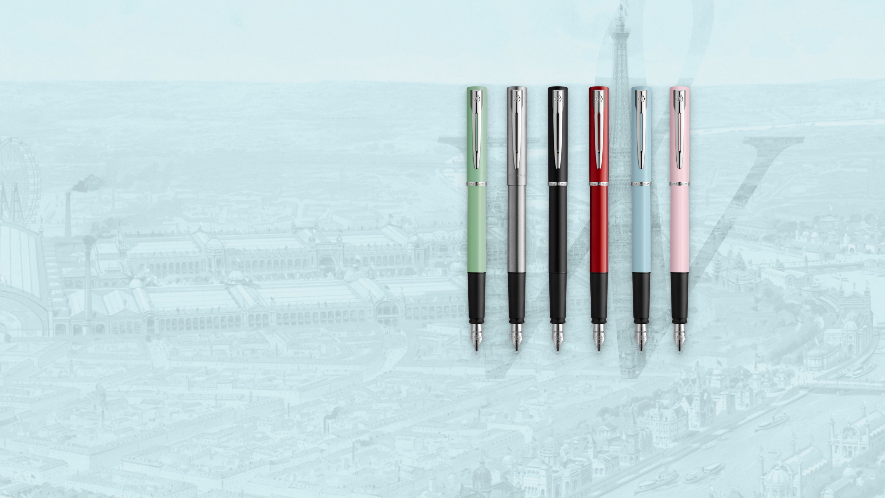 Six upright Allure fountain pens with chrome trim over a sketch of Paris and the Eiffel Tower.