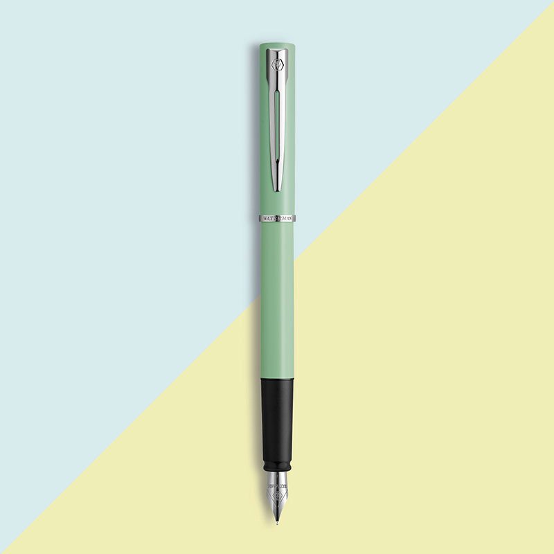 An upright Allure fountain pen with chrome trim over a two-toned background.