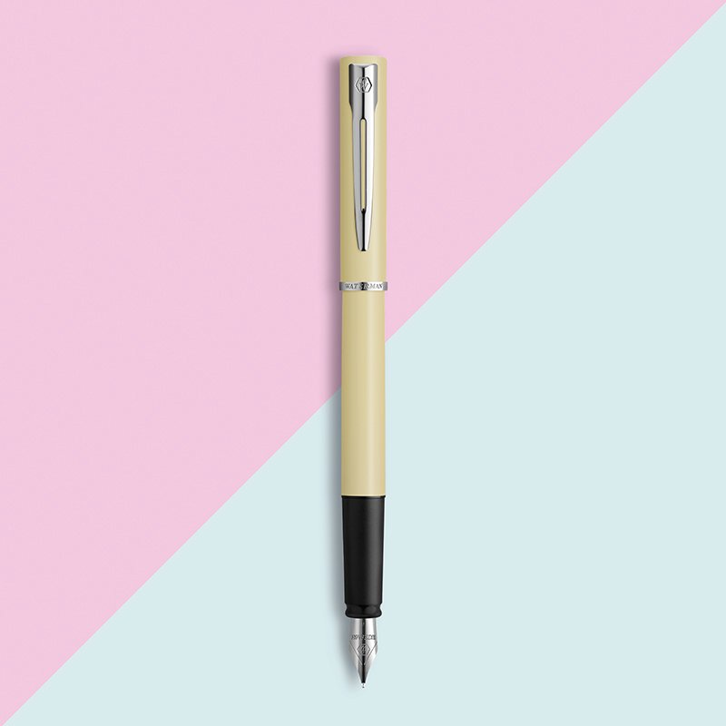 An upright Allure fountain pen with chrome trim over a two-toned background.