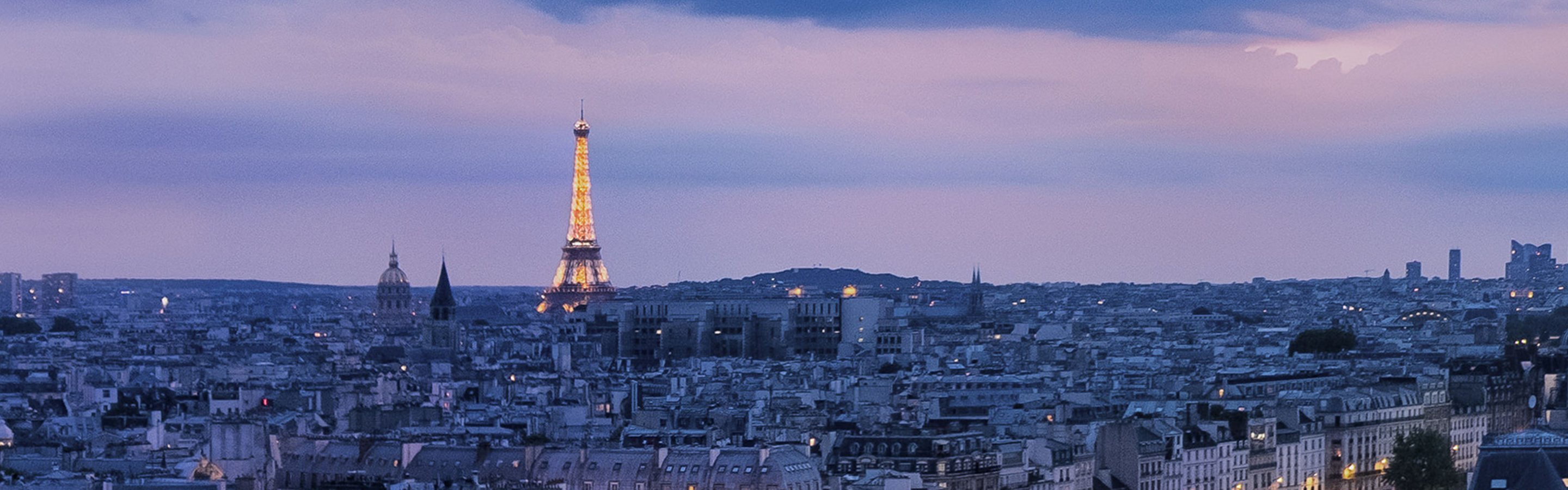 The Paris skyline with the Eiffel Tower lit up.
