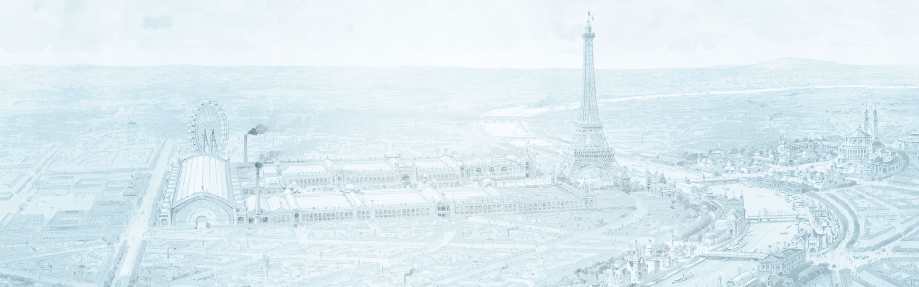 A sketch of Paris and the Eiffel Tower from an aerial view.