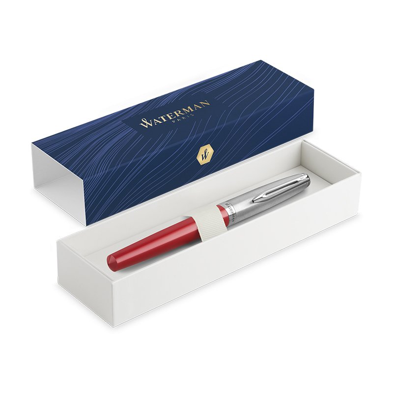 A capped Embleme pen with chrome trim in a gift box.