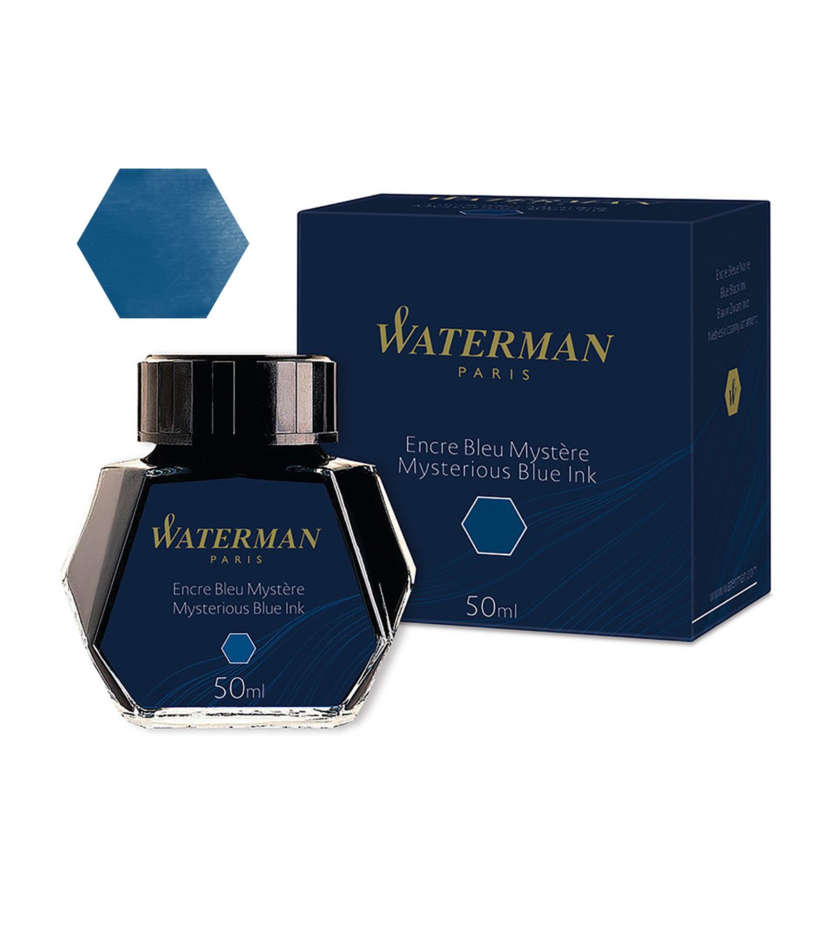A bottle of Waterman ink in front of a box package.