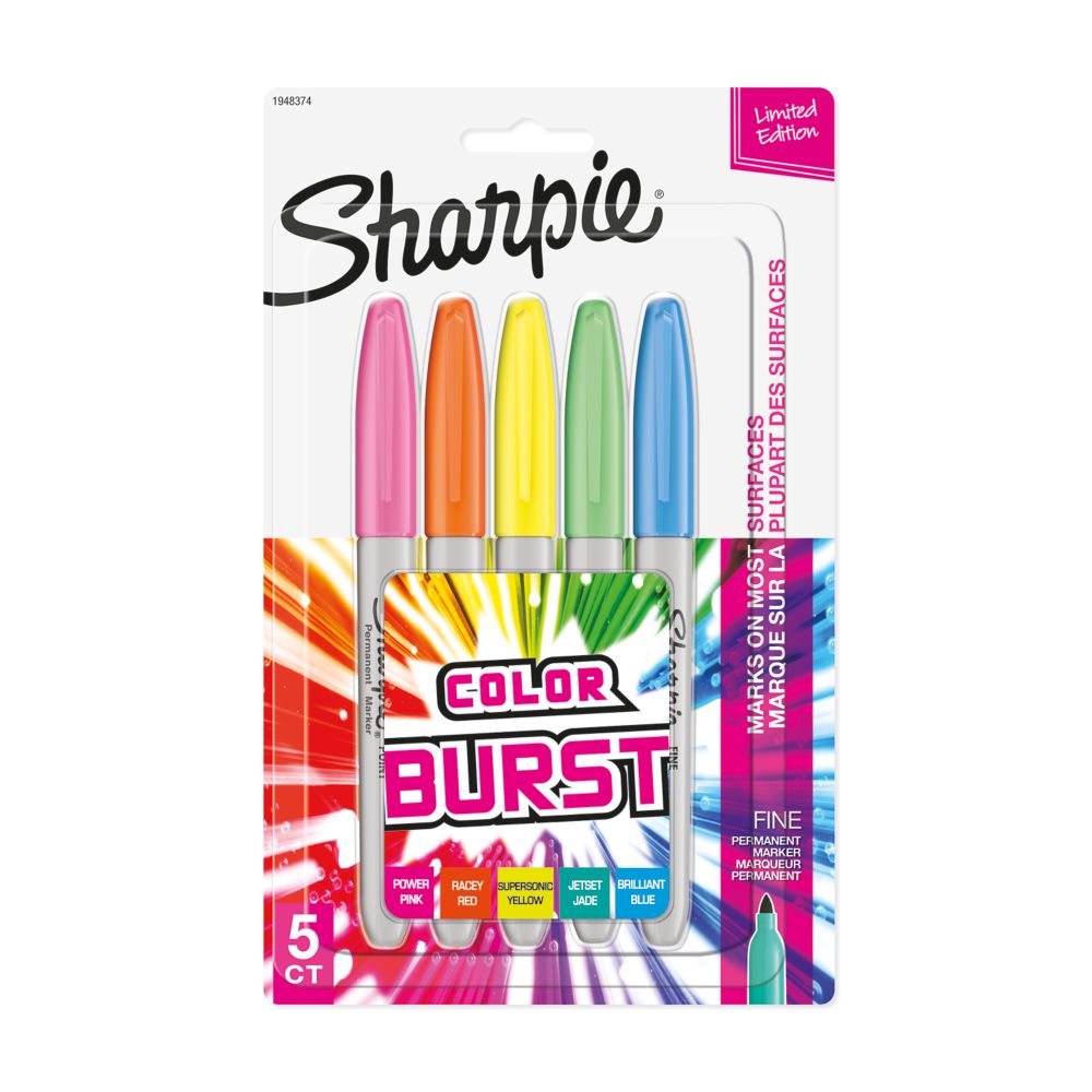 Sharpie Color Burst Limited Edition Permanent Marker, Fine Point, Assorted Colors, 5 Count