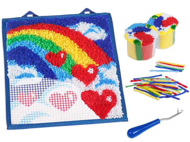 28 Piece Rainbow Canvas Latch Hook Pillow Kits for Adults and Kids, Crafts for Beginners, 24 Colorful Yarn Bundles (15.9 x 15.5 in)