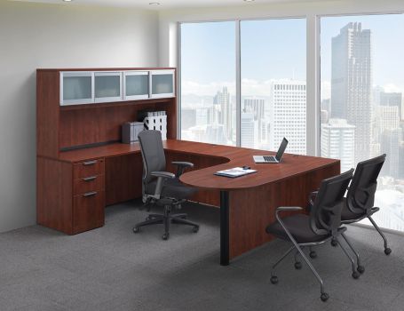 Peninsula Collaboration U Desk With Sliding Glass Door Hutch