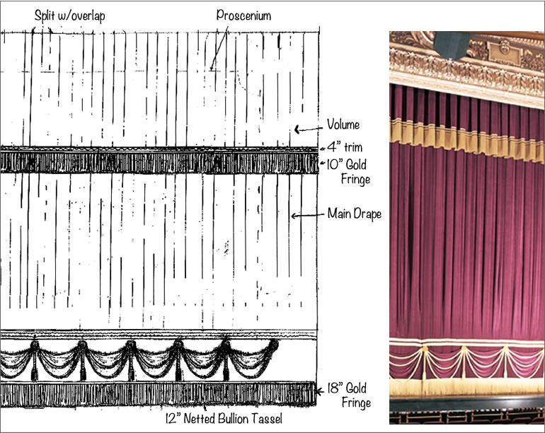 Hippodrome Theatre main curtain and pencil sketch of main curtain design