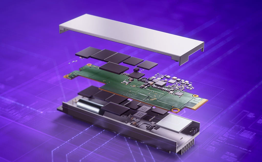 Blown out image of Solidigm PCIe 4.0 SSD that shows the internal workings of this data center SSD