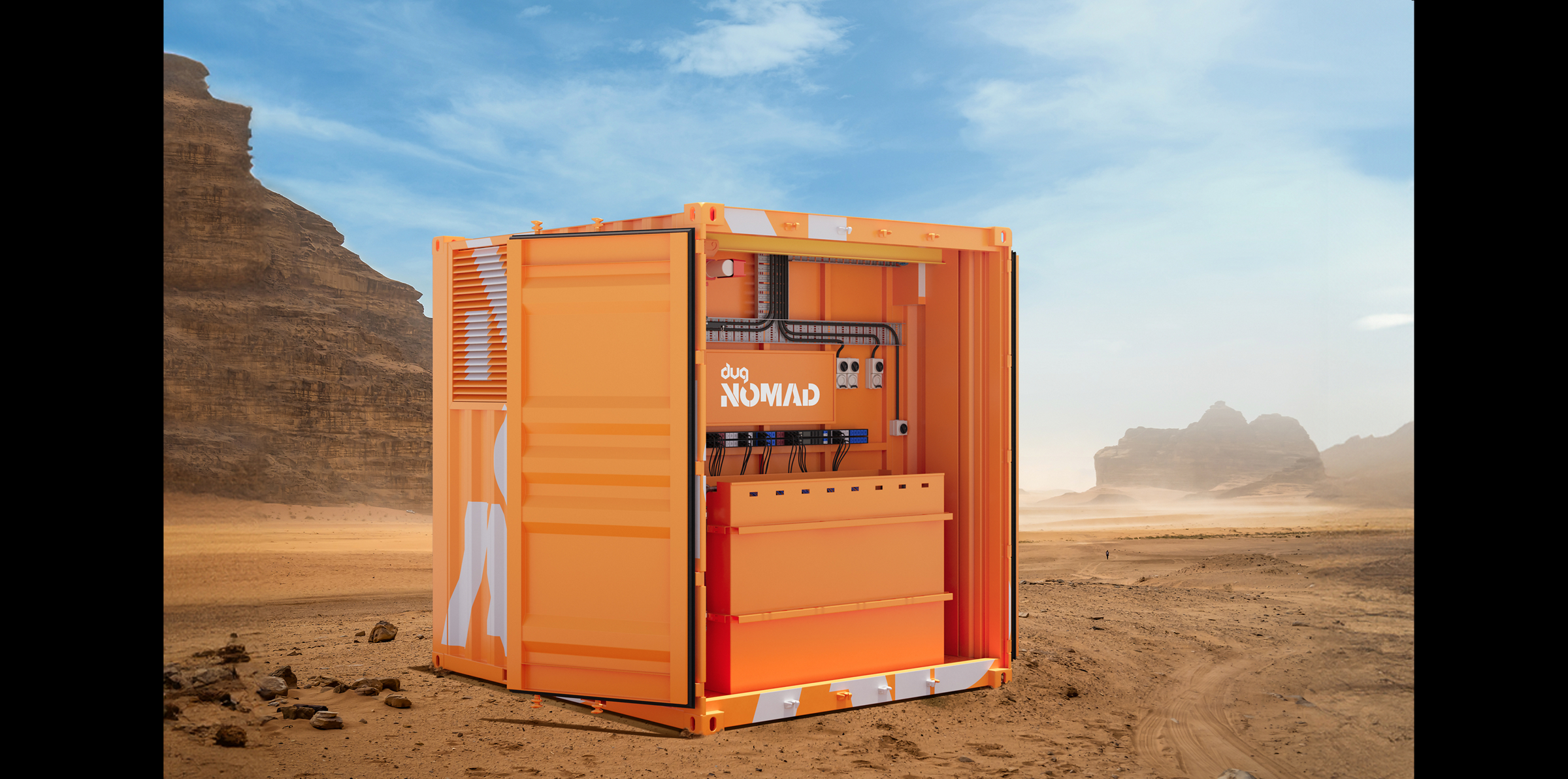 DUG Nomad mobile data center with Solidigm high-capacity SSDs in the extreme heat of the desert. 