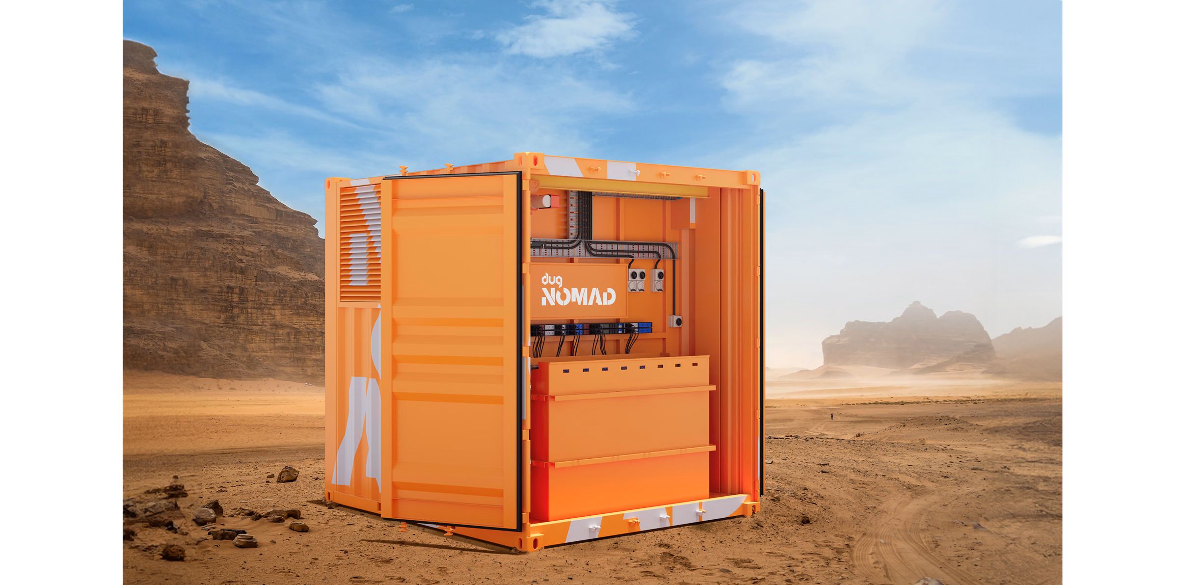 DUG Nomad mobile data center with Solidigm high-capacity SSDs in the extreme heat of the desert.