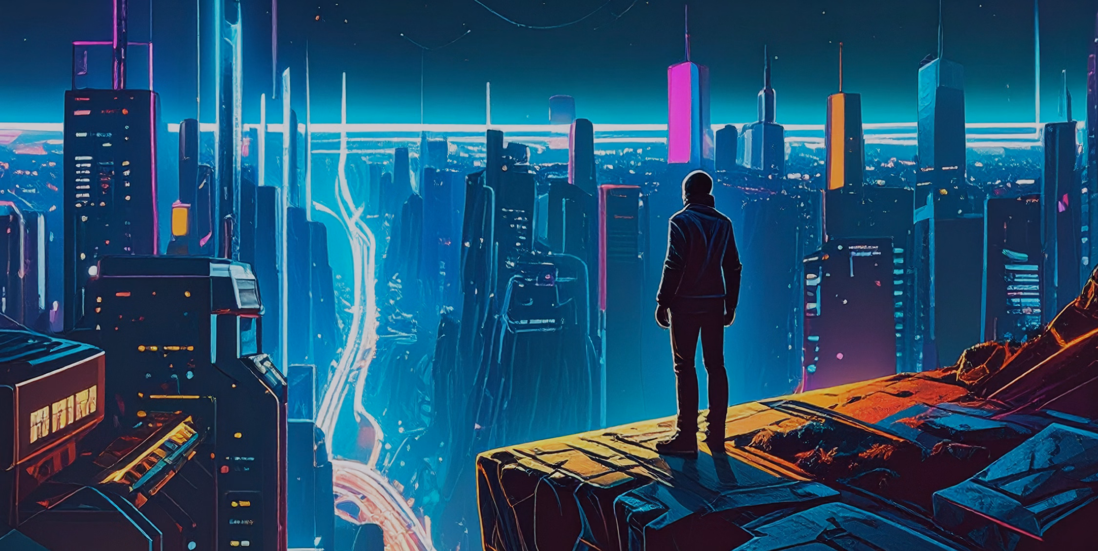 AI generated image of man standing at the edge of data collection for AI inferencing.