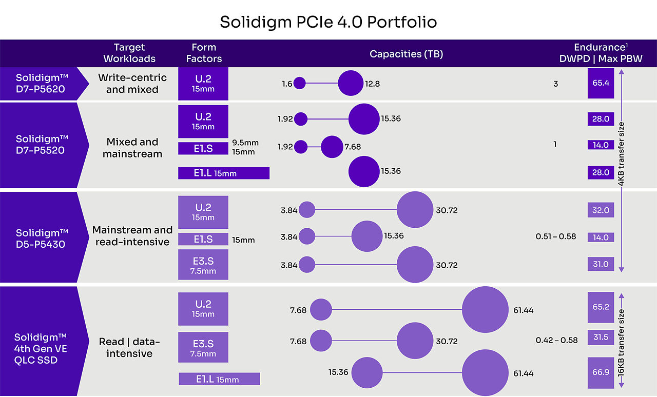 Graphic depicting Solidigm’s portfolio of PCIe SSDs