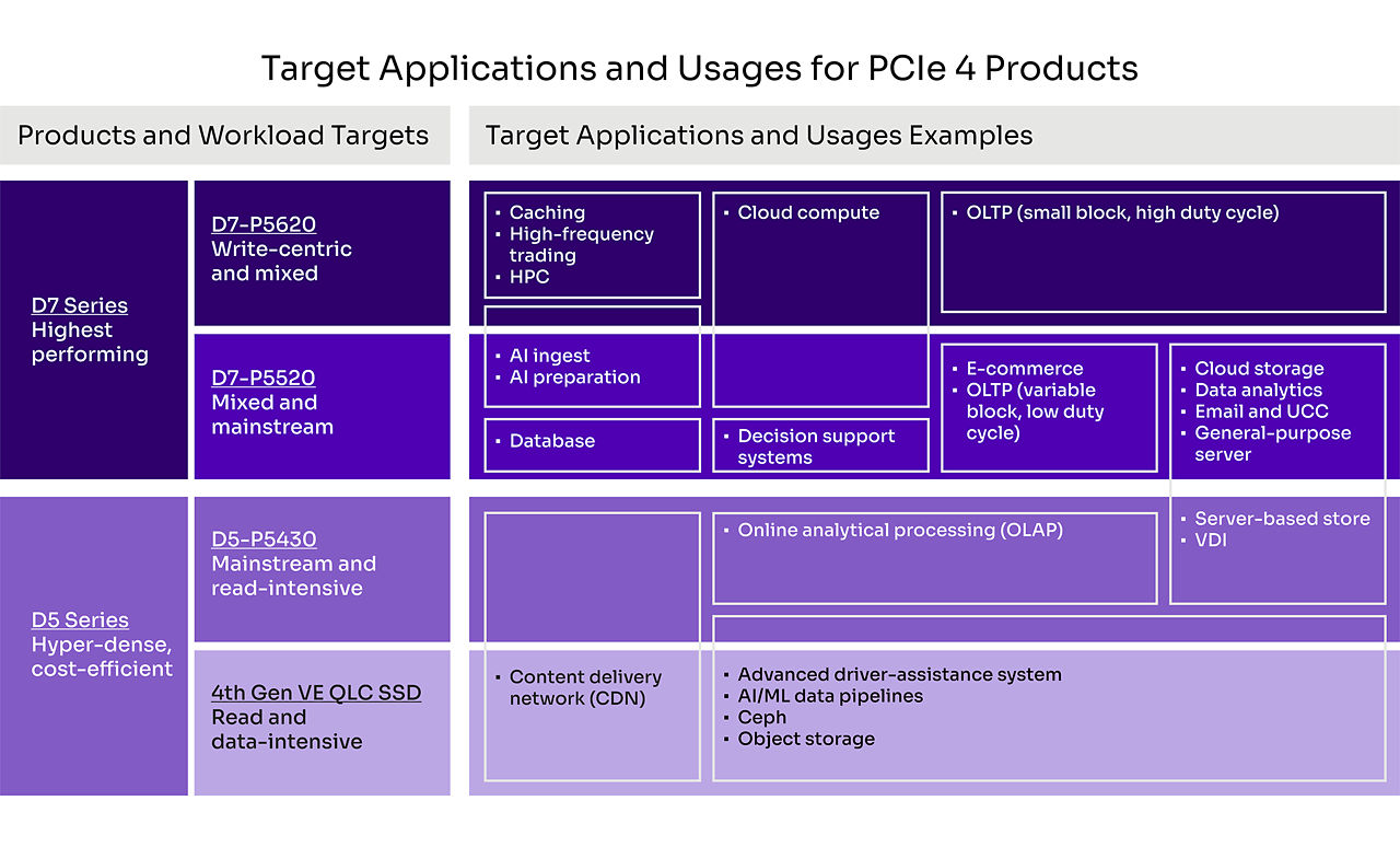 Graphic depicting the taxonomy of Solidigm’s portfolio of PCIe SSDs  
