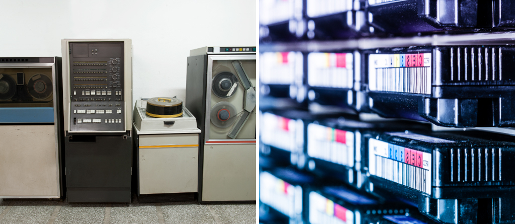 Old data storage on magnetic tape and HDDs being replaced by SSDs. 