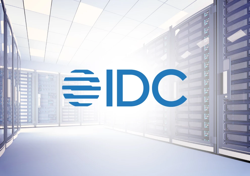IDC logo over data center stacks with Solidigm QLC drives 