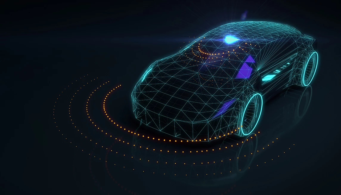 Graphic of autonomous vehicle implying data logging, storing, and analyzing data 