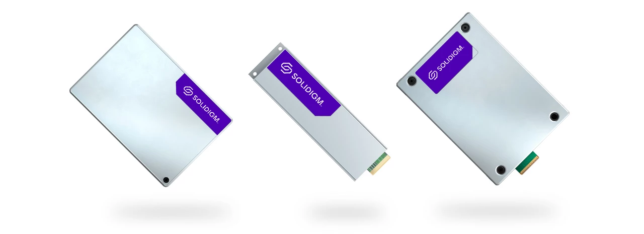 Product images of Solidigm D5 Series QLC SSDs in U.2, E1.L, E3.S form factors