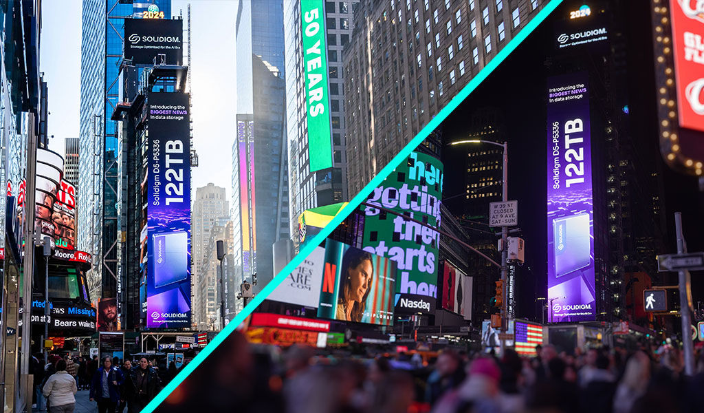 World’s densest QLC SSD announcement in Times Square and other locations for Solidigm 122TB SSD.