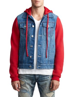 denim jacket with fleece sleeves and hood