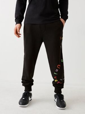 red graphic joggers