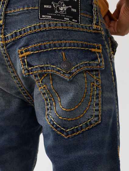 True Religion Jeans Mens 29 Blue Denim Straight Leg Flaps Stone Wash Distressed
