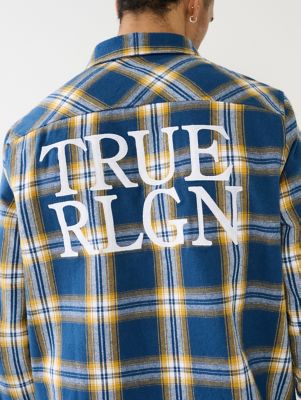 blue and yellow true religion shirt