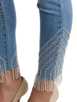 WOMENS CRYSTAL EMBELLISHED HEM HALLE SUPER SKINNY JEAN