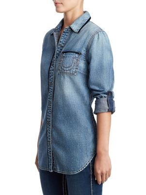 WOMENS VELVET TRIM BOYFRIEND DENIM SHIRT