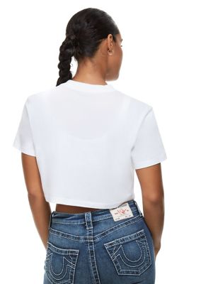 white graphic tee crop top