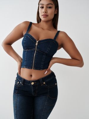 ELLACCI Women's Tassel Rhinestone Denim Bustier Crop Top Jean