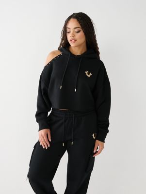 STUDDED OFF SHOULDER CROP HOODIE