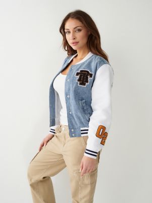  Jackets for Women - Letter Patched Striped Trim Drop Shoulder Varsity  Jacket (Color : Navy Blue, Size : XX-Small) : Clothing, Shoes & Jewelry