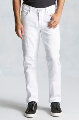 Mens White Moto Jeans - Slim Fit Jeans 