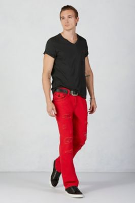 red shirt jeans