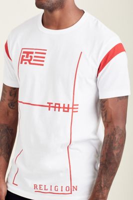 true religion red and white shirt