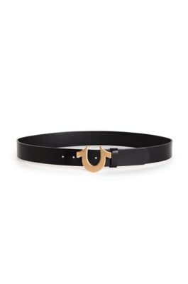 True Religion Mens Black/Gold Horseshoe Buckle Belt