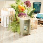 sage and citrus large 2 wick tumbler candle on tray and jar holder and tea light holder on table image number 2