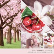 juicy cherries, vanilla cream and a delectable dream text on photo collage with cherry blossom trees, two girls, and parfaits image number 2
