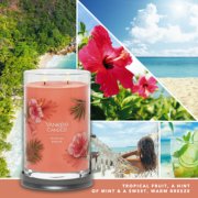 tropical breeze signature large tumbler candle with photo collage and text reading tropical fruit, a hint of mint and a sweet, warm breeze image number 2