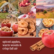 spiced apples, warm woods and crisp fall air text on photo collage with apples, cinnamon and fall landscapes