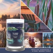 lakefront lodge signature large tumbler candle with photo collage and text reading fresh air, evergreens and a cool, moonlit night image number 2