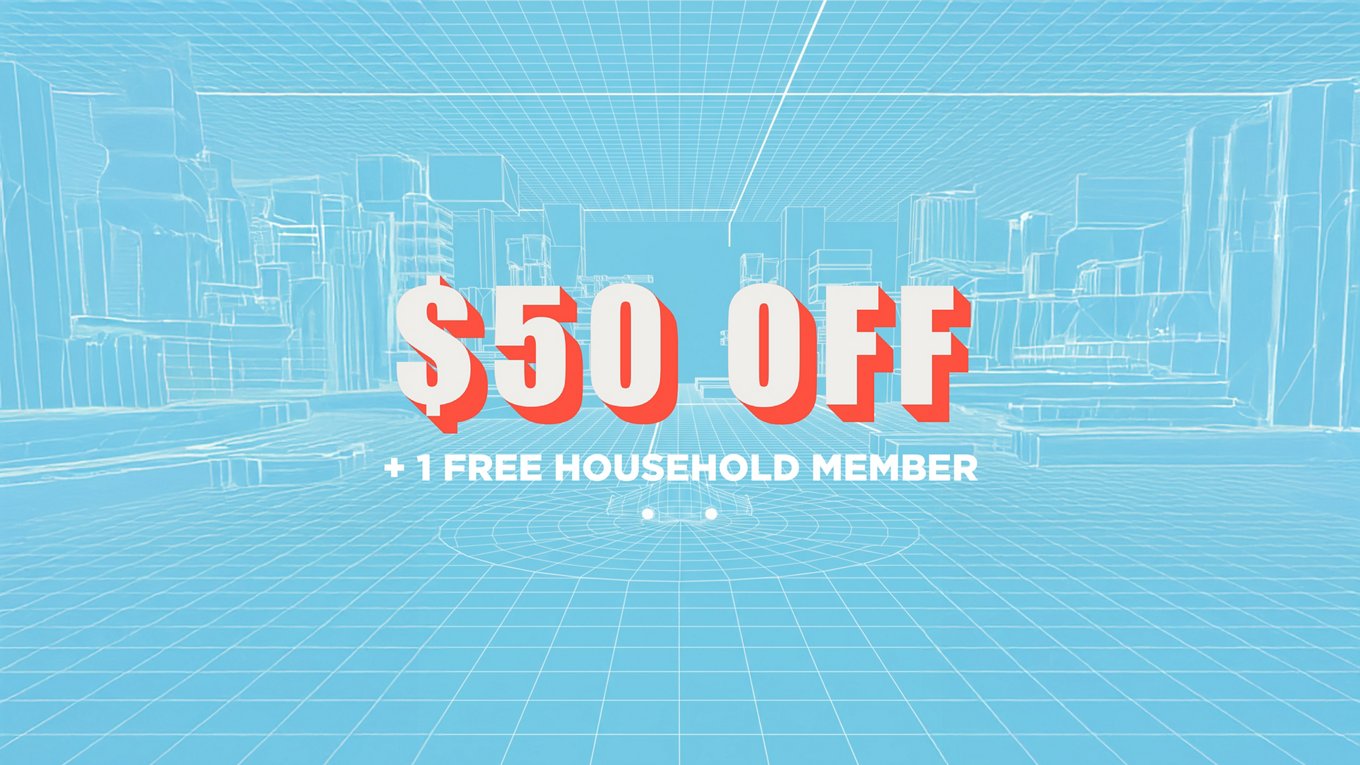 Save $50 + 1 Free Household Member text; light blue background with building outlines in white