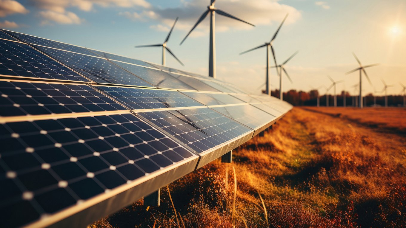 Windmill wind turbine and solar cell panel on blue sky at sunset. Renewable electricity energy concept