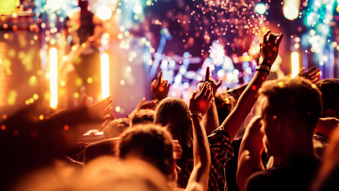 crowd with raised hands at concert - summer music festival